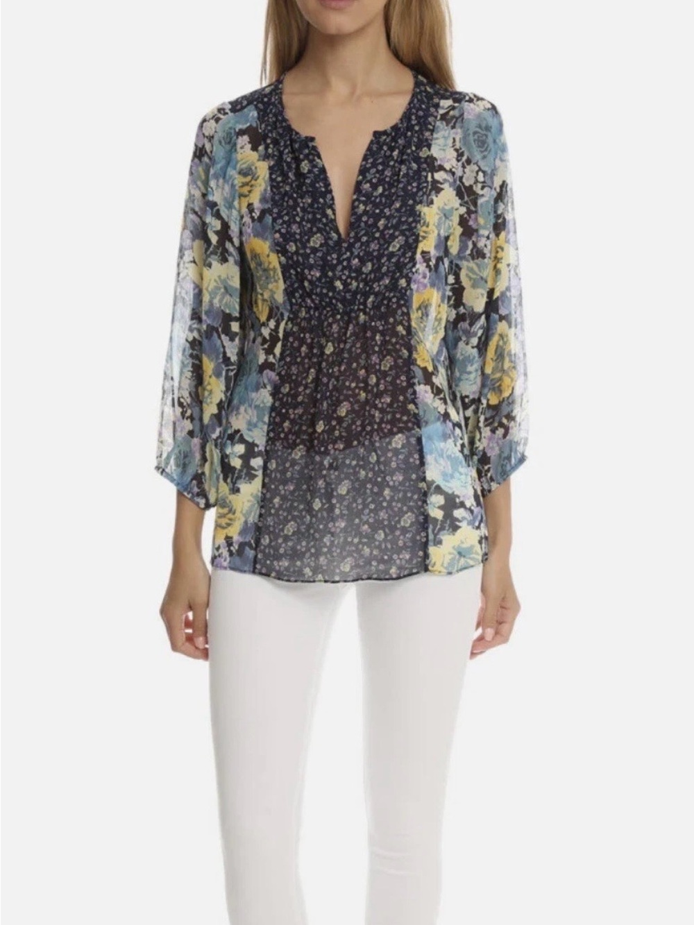 Joie Navy Floral Silk Sheer V-Neck Blouse with Yellow and Light Blue Accents